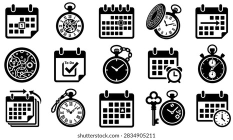 A collection of black icons representing time and calendar dates