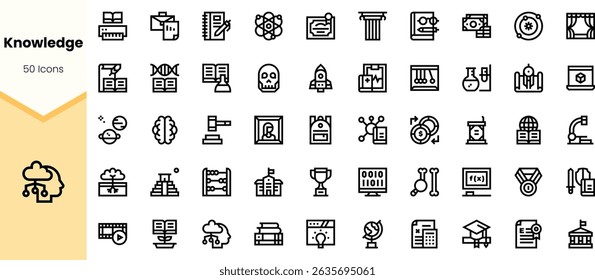 A collection of black icons representing various aspects of knowledge, learning, and science, featured in a clean, minimalistic design.