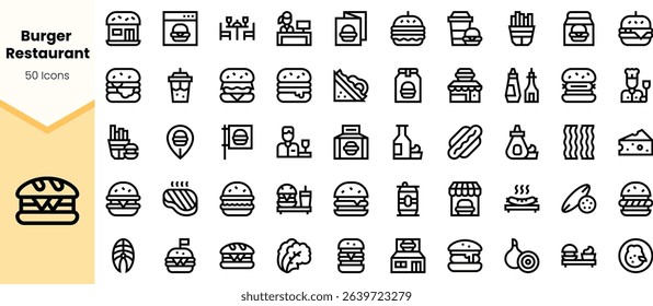 Collection of black icons representing various burger restaurant elements, including burgers, drinks, and condiments, showcasing different restaurant aspects.