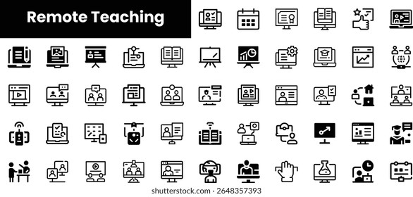 Collection of black icons representing various aspects of remote teaching, such as online classes, video conferencing, and educational tools.