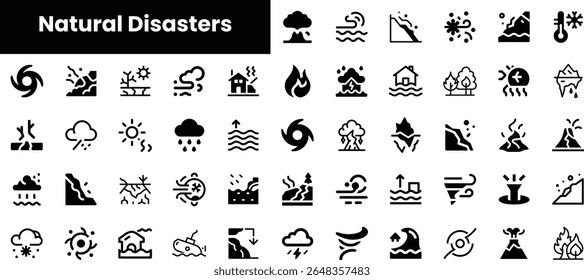A collection of black icons representing various natural disasters such as hurricanes, floods, wildfires, and earthquakes, emphasizing environmental themes.