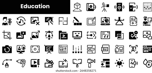 A collection of black icons representing various aspects of education, including teaching, learning, and multimedia tools, showcasing creativity and innovation.