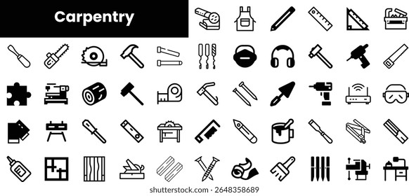 A collection of black icons representing various carpentry tools and equipment, showcasing the essentials for woodworking and construction projects.