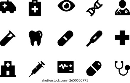 A collection of black  icons representing various medical and healthcare related symbols.