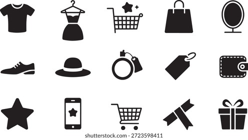 Colección de íconos negros que representan varios Elementos de comercio electrónico y minoristas sobre un fondo blanco que destaca las compras y el regalo.