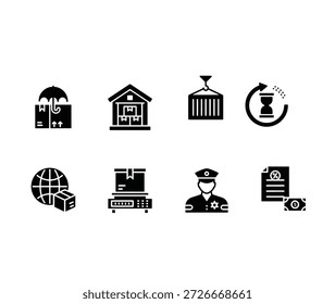 Sammlung schwarzer Symbole, die verschiedene Sicherheits- und Schutzkonzepte darstellen und auf weißem Hintergrund dargestellt werden