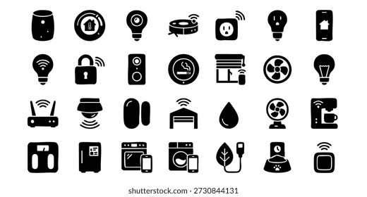 Collection of black icons representing various technology and smart home devices displayed on a clean white background from a straightforward viewpoint