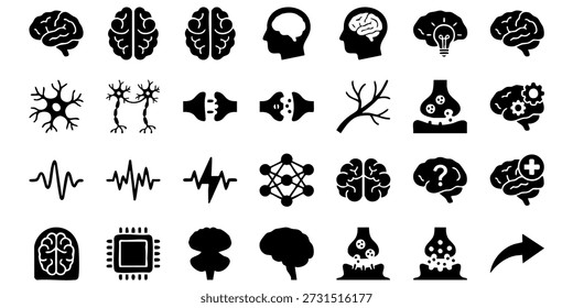 Colección de íconos negros que representan varios conceptos científicos y funciones cerebrales mostrados sobre un fondo blanco limpio desde un punto de vista directo