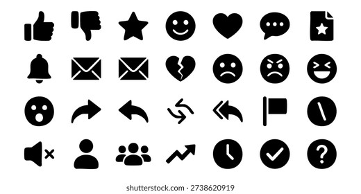 A collection of black icons representing various emotions and actions on a plain white background viewed from directly above.