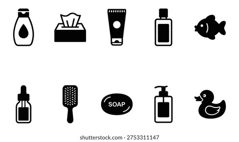 A collection of black icons representing various bathroom and beauty products, including a bottle, tissue box, toothpaste, fish, dropper bottle, hairbrush, soap, lotion, and rubber duck, arranged on a clean white background, ideal for use in design projects related to personal care and hygiene.