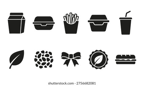 A collection of black icons representing various food items and packaging, including fast food containers, fries, leaf, nuts, bow, and sandwich. These icons can be used for menu design, food delivery services, or restaurant branding.