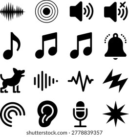 Collection of black icons representing various sound and audio related symbols with musical and noise elements