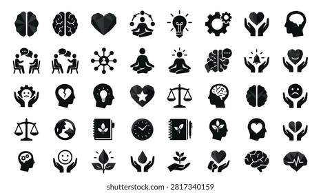 A collection of black icons representing various aspects of mental health, including brains, hearts, meditation, and emotional states. The icons are arranged in a grid on a white background.