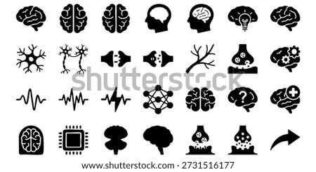 Collection of black icons representing various scientific concepts and brain functions displayed on a clean white background from a straightforward viewpoint