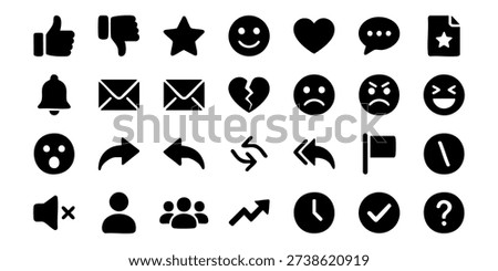 A collection of black icons representing various emotions and actions on a plain white background viewed from directly above.