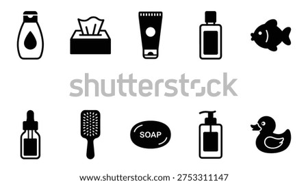 A collection of black icons representing various bathroom and beauty products, including a bottle, tissue box, toothpaste, fish, dropper bottle, hairbrush, soap, lotion, and rubber duck, arranged on a clean white background, ideal for use in design projects related to personal care and hygiene.