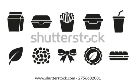 A collection of black icons representing various food items and packaging, including fast food containers, fries, leaf, nuts, bow, and sandwich. These icons can be used for menu design, food delivery services, or restaurant branding.