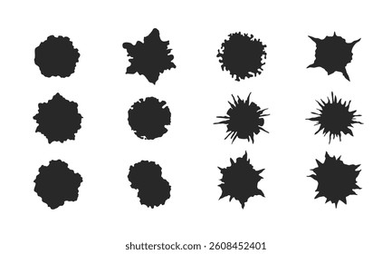 Collection of black ink blot silhouettes isolated on white background, abstract splatter shapes for grunge design, artistic stain elements, creative textured spots illustration