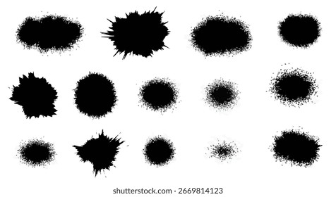 collection of black ink blots, various shapes and sizes, isolated on white background