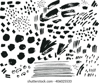 Collection Of Black Ink Brush Points, Spatters, Marks And Strokes Isolated On White Background. 