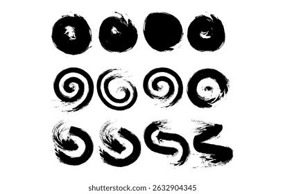 Coleção de círculos e espirais preto do traçado do pincel da tinta