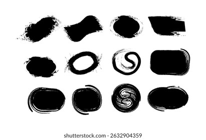 Collection of Black Ink brush stroke  Circles and Spirals Shapes and Splatters grunge design elements