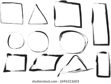 Colección de Formas geométricas de trazo de pincel de tinta negra y marcos Formas geométricas de trazo y marcos