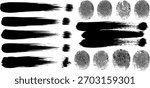 A collection of black ink brush strokes and fingerprint patterns isolated on a white background, creating an abstract and textured design.
