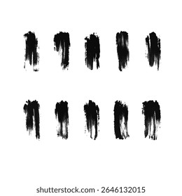 Collection of black ink brush strokes on white background. Grunge hand-drawn texture elements for design, banners, backgrounds, frames, and artistic projects.
