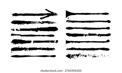 Collection of black ink brush strokes, grunge textures and graffiti arrows. Dirty artistic design elements for street art style. Vector isolated on white.