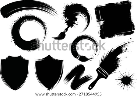 Collection of Black Ink Brush Strokes, Splatters, and Shield Shapes