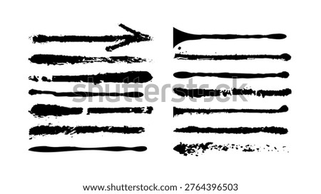 Collection of black ink brush strokes, grunge textures and graffiti arrows. Dirty artistic design elements for street art style. Vector isolated on white.