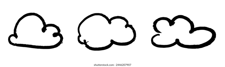 A collection of black ink cloud sketches, each with a unique shape and brush texture, set against a white backdrop.