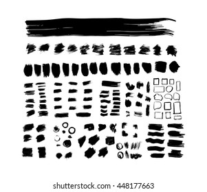 Collection of black ink hand drawn paintbrush brush vector illustration. For decorative banner design. Strokes, scribbles, frames and borders isolated set.