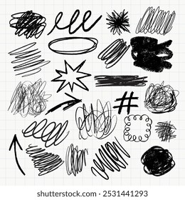 Una colección de ilustración de arte de garabatos de tinta negra. Conjunto de garabatos de tinta negra en varias ilustraciones de diseño. Ilustración de colección de arte de garabatos de tinta negra, ilustración de arte de líneas de garabatos