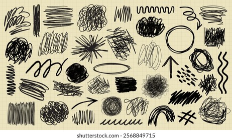 A collection of black ink scribble art illustration. Set of black ink scribble in various design illustrations. Illustration of black ink scribble art collection, scribble lines art illustration