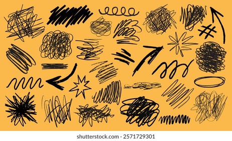 A collection of black ink scribble art illustration. Set of black ink scribble in various design illustrations. Illustration of black ink scribble art collection, scribble lines art illustration