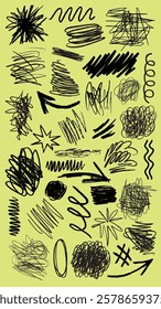 A collection of black ink scribble art illustration. Set of black ink scribble in various design illustrations. Illustration of black ink scribble art collection, scribble lines art illustration