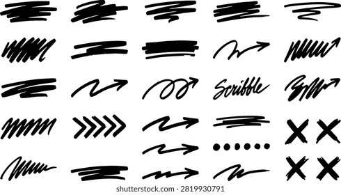 Collection of black ink scribbles including rough arrows marker lines chaotic hatch marks and cross symbols