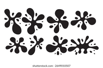  Collection of black ink splash silhouettes in various abstract forms. Perfect for grunge designs, comic effects, motion graphics, or messy creative backgrounds.