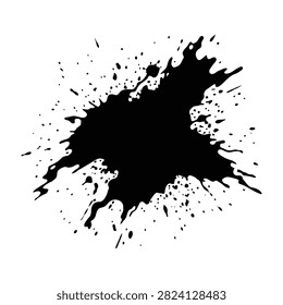 Collection of black ink splashes, grunge paint stains, and dirty spots isolated on white. High contrast texture elements for graphic design, backgrounds, and artistic projects.