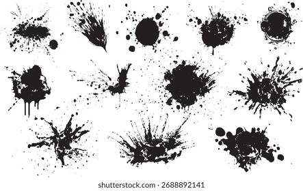 Una colección de tinta negra salpica y salpica sobre un fondo blanco.