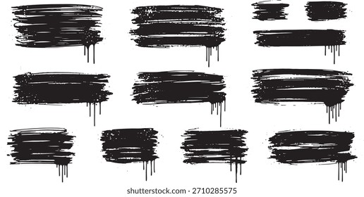 Colección de pinceladas de salpicaduras de tinta negra y goteos sobre fondo blanco grunge