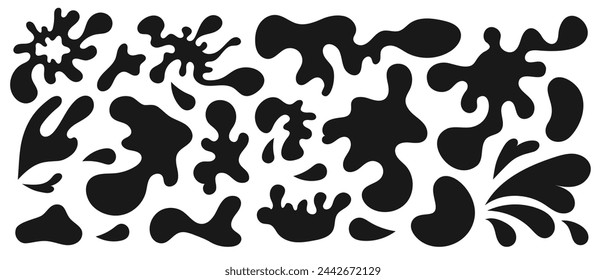 A collection of black ink splatter patterns, featuring various splashes and droplets on a white background.