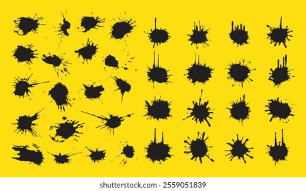 Collection of black ink splatter stains on a bold yellow background. Perfect for grunge design, artistic elements, textures, and abstract creative projects