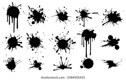 Collection of black ink splatter stains with various shapes and drips on a white background. Abstract art concept for grunge and artistic designs