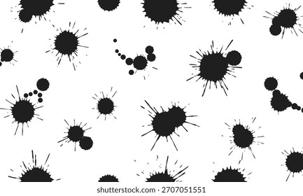 Sammlung von schwarzen Tintenspritzer und -flecken auf sauberem, weißem Hintergrund, die ein abstraktes und künstlerisches Muster schaffen.