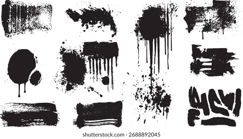 Collection of black ink splatters brush strokes and drips on a white background.