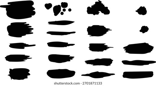 Colección de salpicaduras de tinta negra y pinceladas sobre fondo blanco