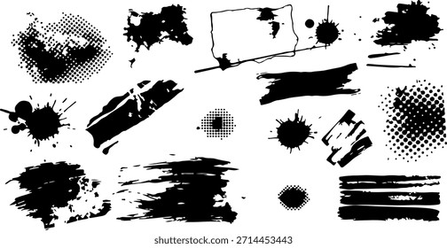 Colección de salpicaduras de tinta negra y pinceladas